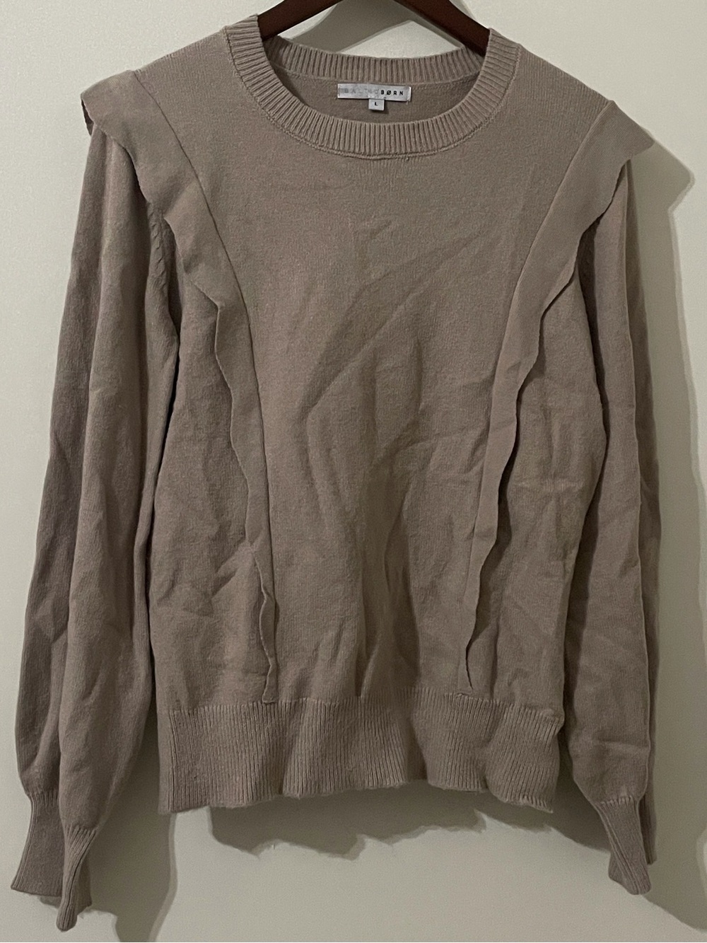 Baltic Born Taupe Ruffle Accent Long Sleeve Knit Sweater Size Large